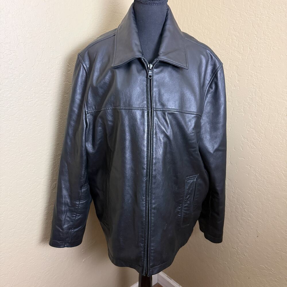 Tommy Hilfiger Black Genuine Leather Zip Jacket Plaid Lined Men’s Size L